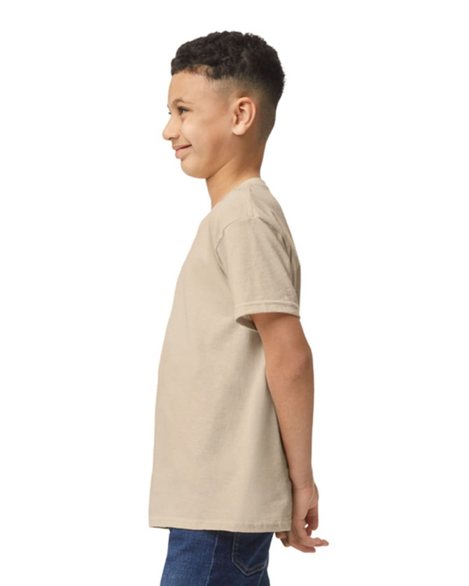 A youth t-shirt in beige, displayed from the side, with a logo on it.