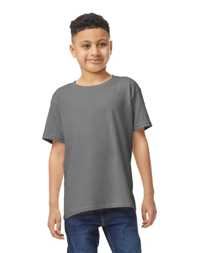 A youth t-shirt in grey, featuring a relaxed fit and short sleeves, with a branding logo.