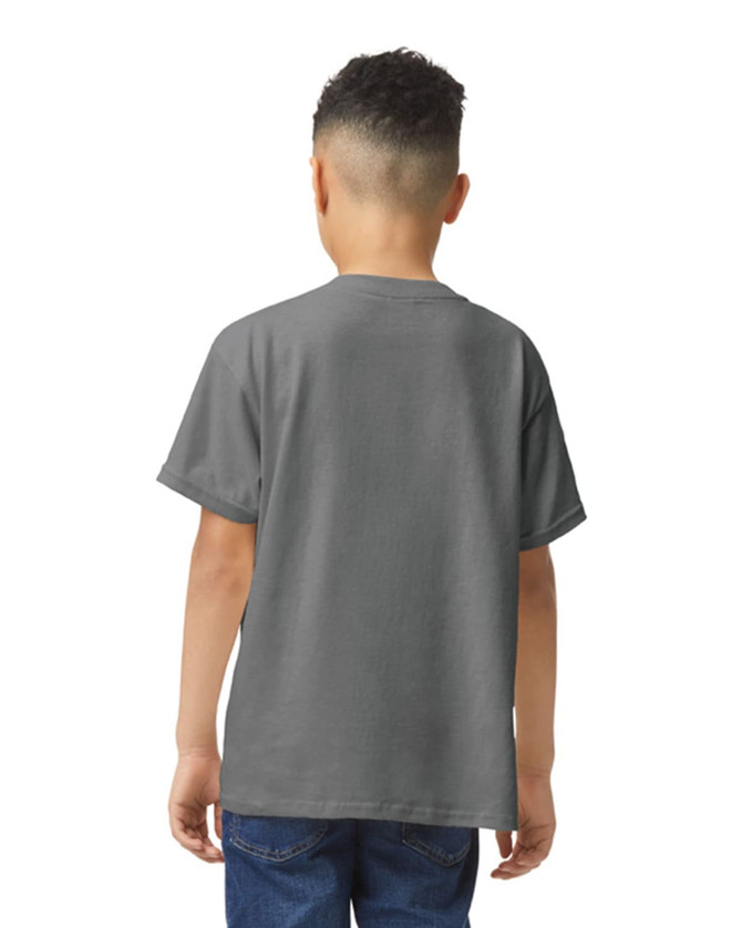 A youth T-shirt in grey, featuring short sleeves and a simple design, viewed from the back.