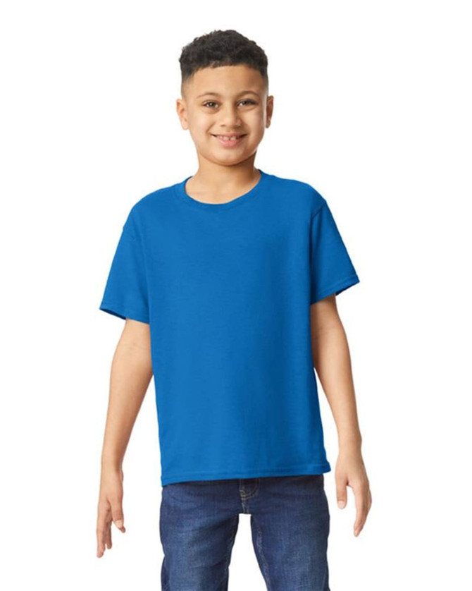 A youth t-shirt in blue, featuring a standard crew neck and short sleeves, displayed on a young model.