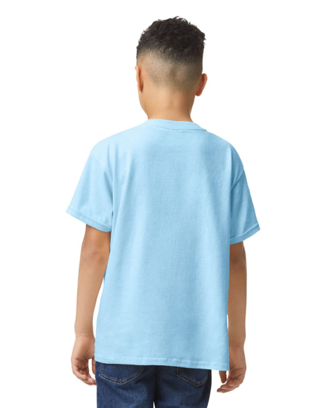 A light blue youth T-shirt with short sleeves, featuring a logo on the back.