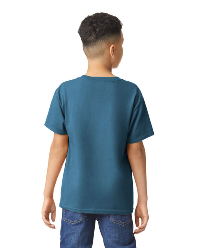 A youth T-shirt in teal colour, featuring a plain back design. The garment has a logo on it.