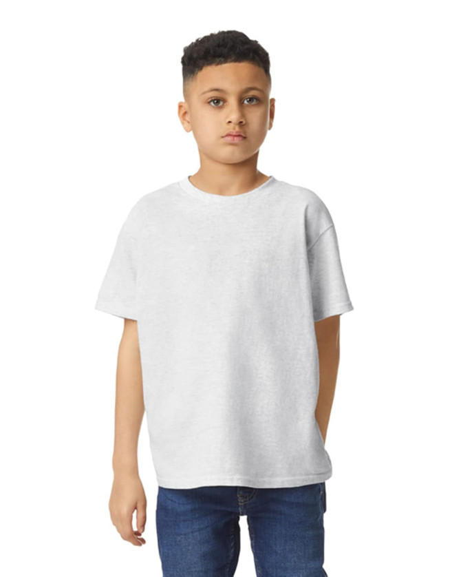 A youth t-shirt in light grey with a casual fit. The design features short sleeves and a round neckline.