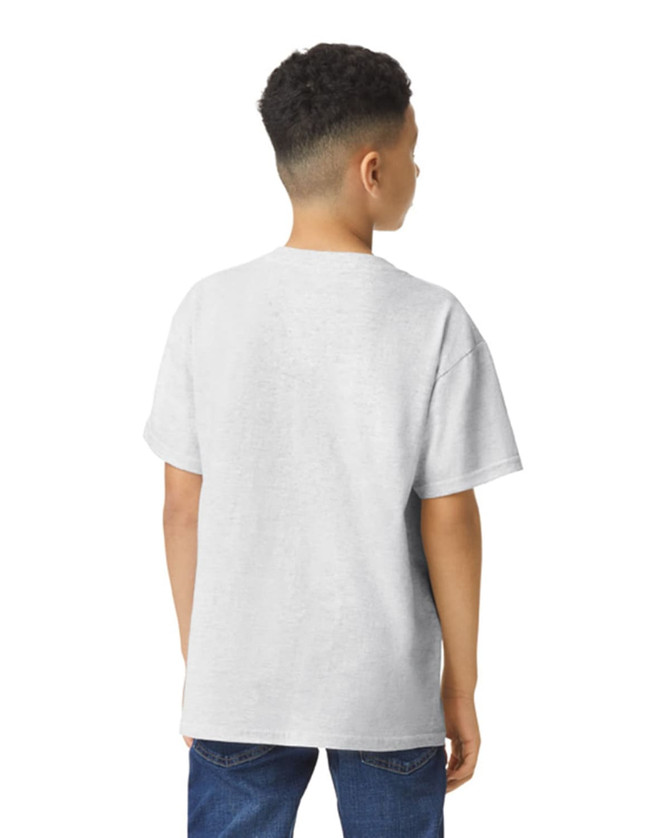 A youth T-shirt in grey, featuring a classic crew neck and short sleeves, with a logo on the back.