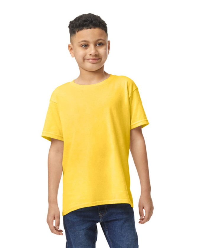 A yellow youth t-shirt displayed on a child, featuring short sleeves and a relaxed fit. It has a logo.