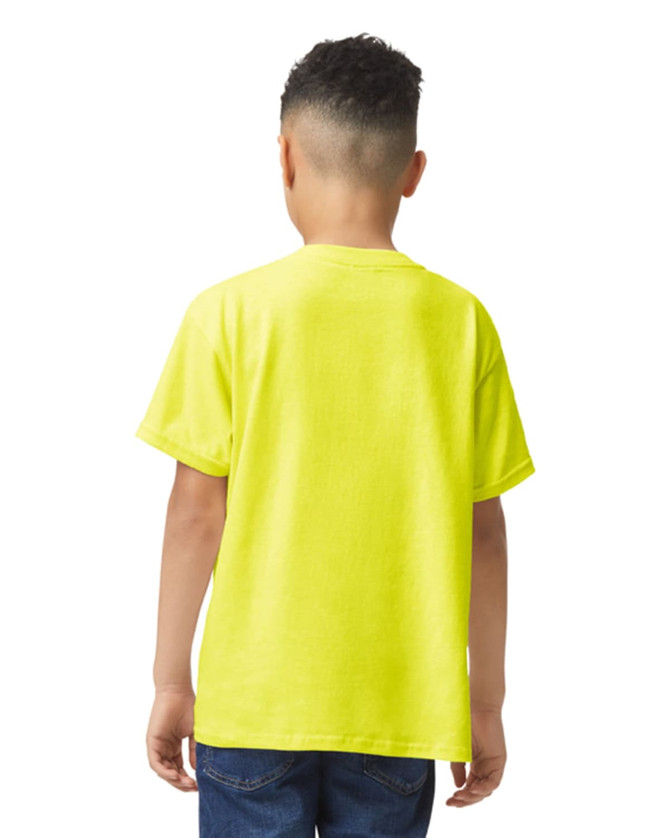 A bright yellow youth T-shirt with short sleeves and a plain back. It features a logo.