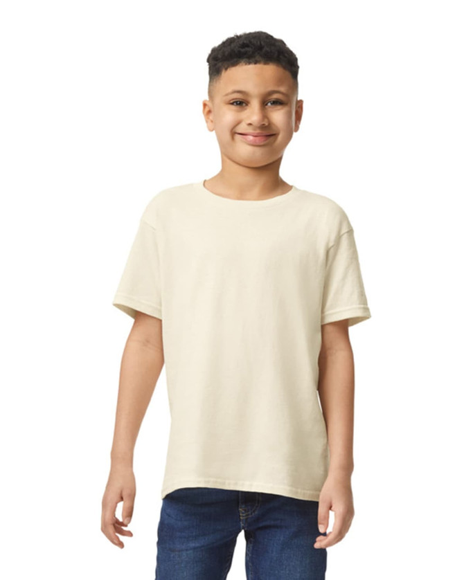 A youth t-shirt in a light beige colour, featuring a comfortable fit and a branding logo.