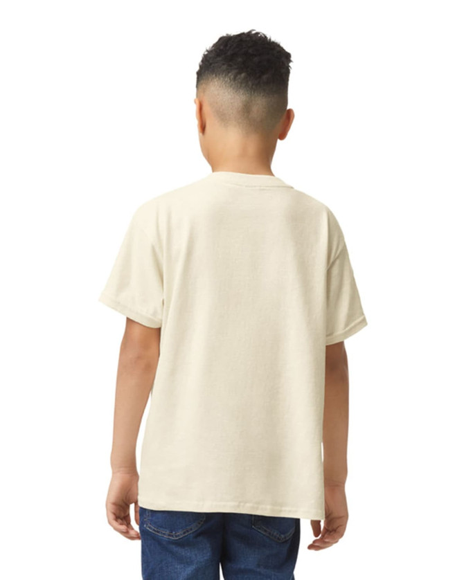 A youth T-shirt in a light beige colour, featuring a standard fit design and short sleeves, viewed from the back.