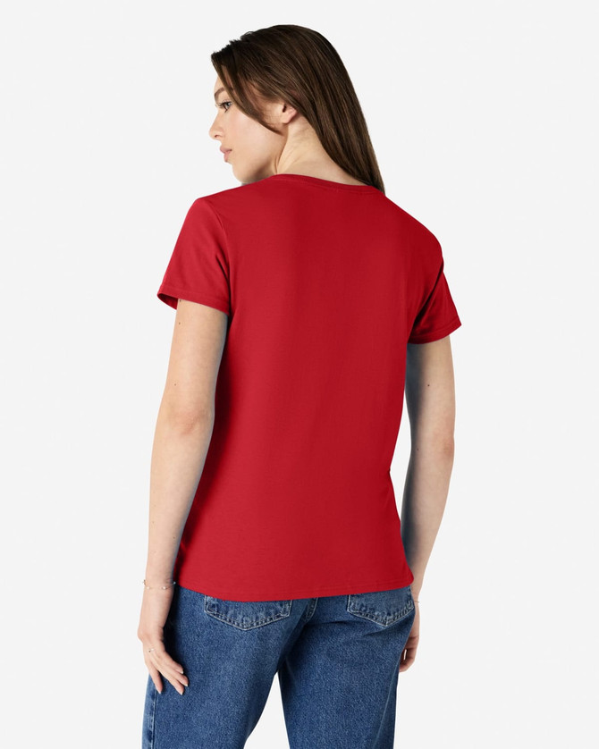 A red Gildan Heavy Cotton ladies' T-shirt displayed from the back, featuring a fitted style and short sleeves.