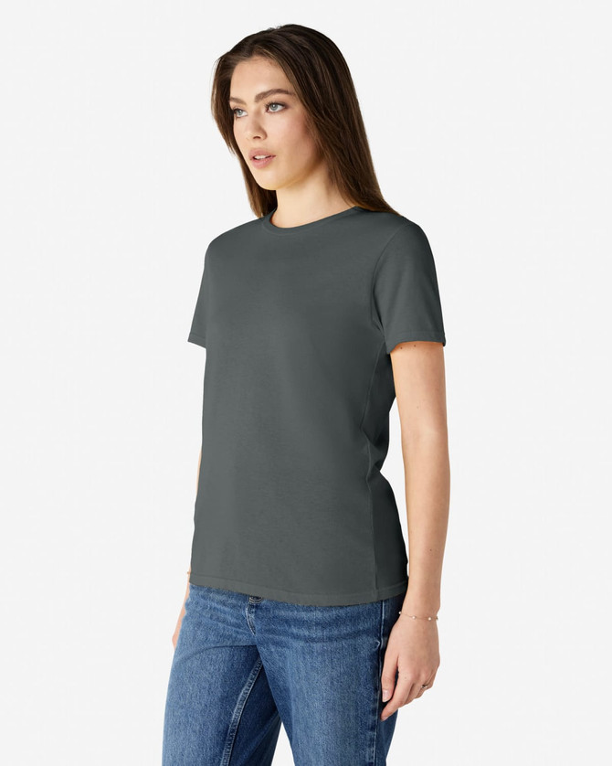 A grey ladies' T-shirt displayed on a model, featuring a crew neck and short sleeves. It has a logo on the front.