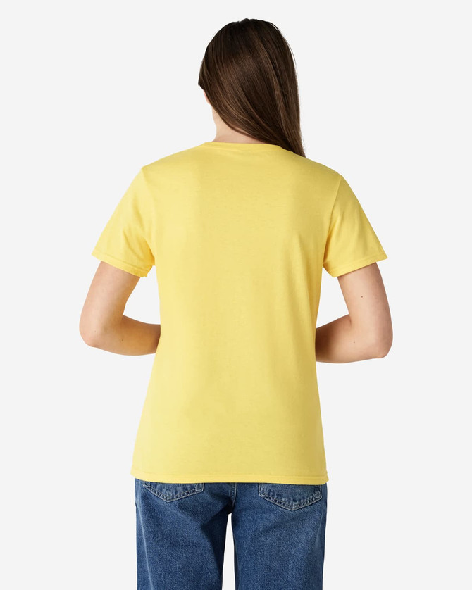 A yellow Gildan Heavy Cotton Ladies' T-Shirt is displayed from the back, featuring short sleeves and a straight cut.