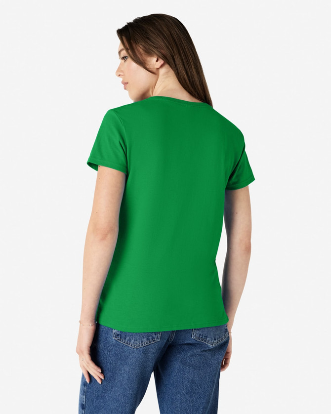 A green Gildan Heavy Cotton ladies' T-shirt, viewed from the back, with short sleeves and a simple design.