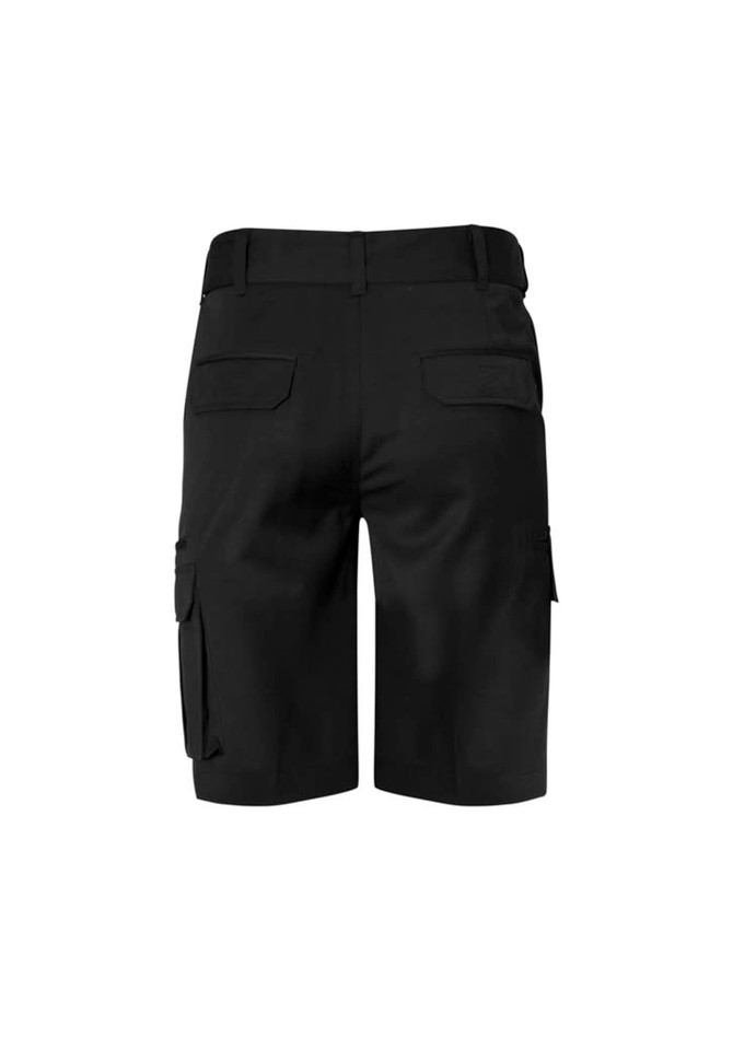 Black men's shorts with cargo pockets at the sides and back, featuring a waistband and a logo.