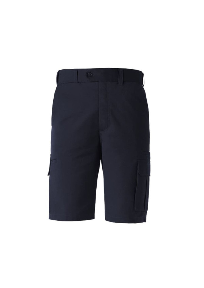Men's dress shorts in navy blue with a logo, featuring side pockets and a classic fit.