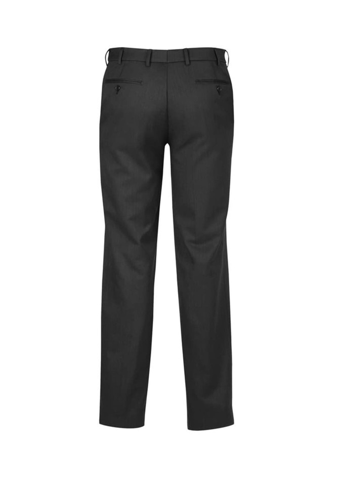 Classic flat pants in a dark grey colour, featuring a straight leg design and back pockets. Includes a logo.