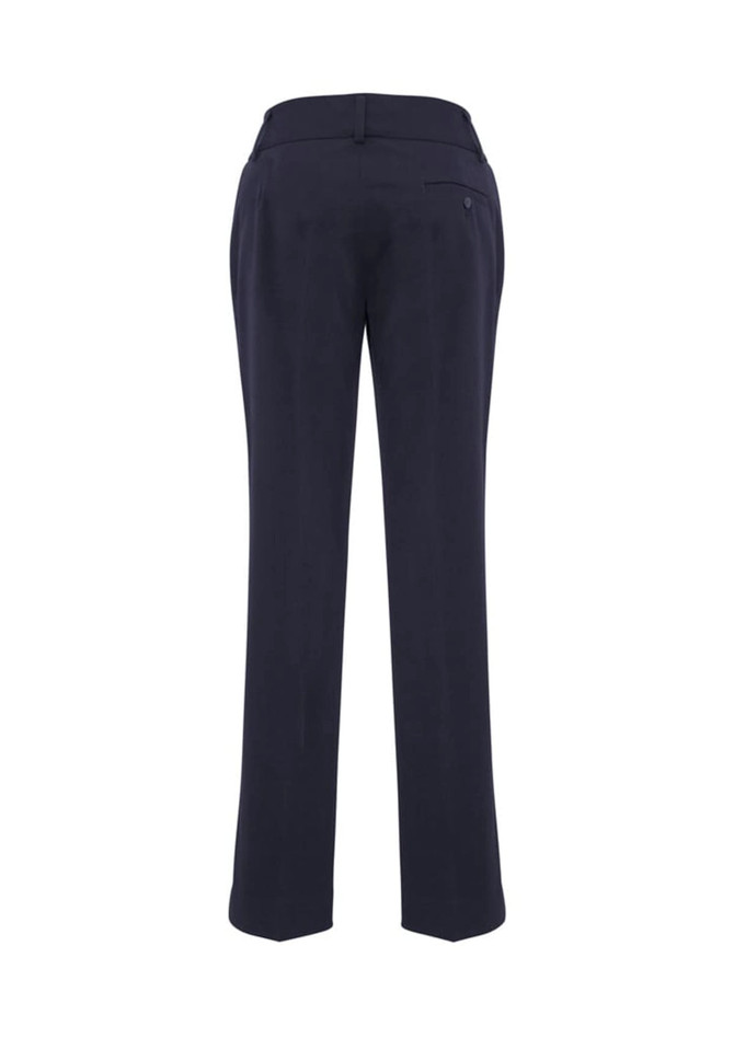 A pair of navy slacks with a straight leg design and a back pocket, featuring a small logo.