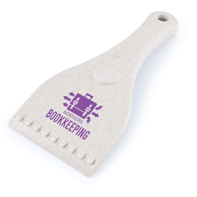 A white eco-friendly ice scraper with a textured grip and a logo on the surface.