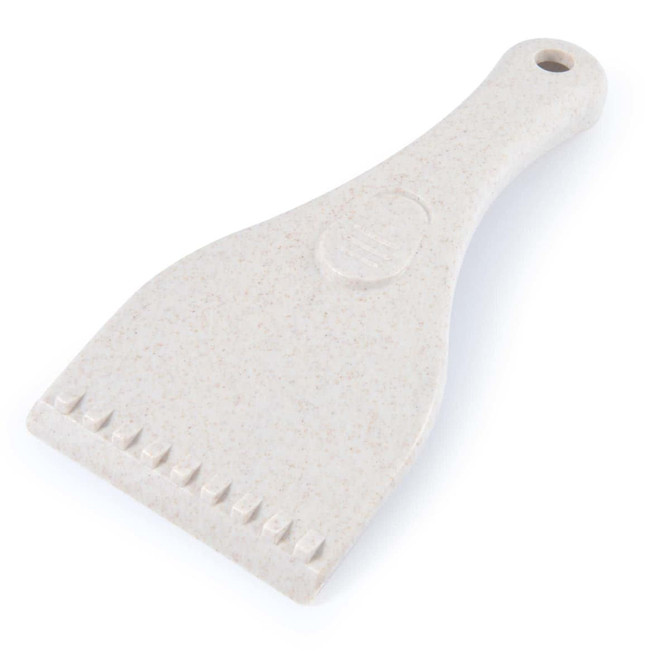 A light beige eco-friendly ice scraper with a textured grip and a hanging hole for easy storage.
