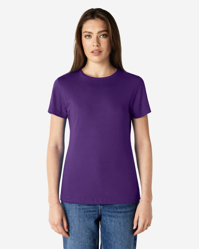 A purple ladies' t-shirt is displayed on a model. The shirt features a logo on the front.