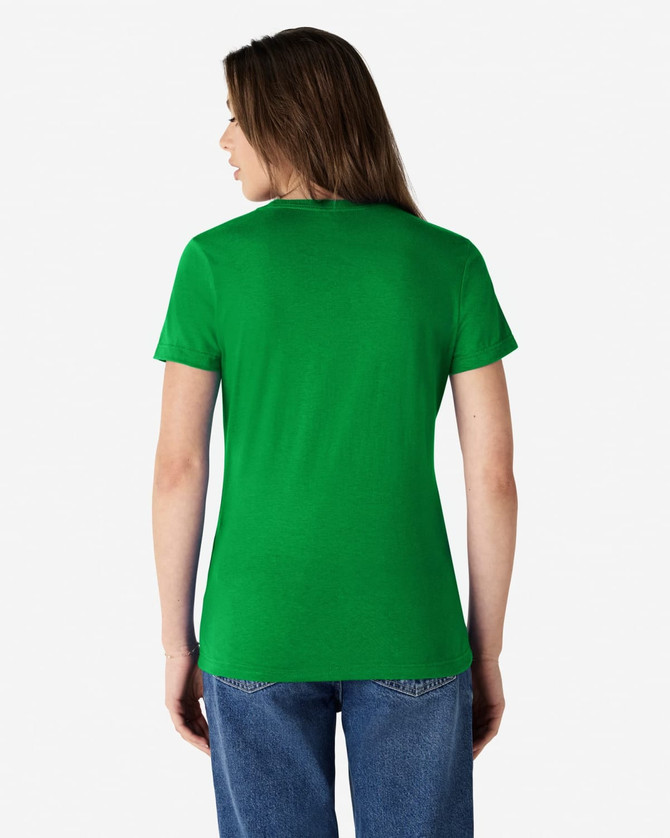 A green Gildan Softstyle ladies' T-shirt is displayed from the back, featuring a fitted design.