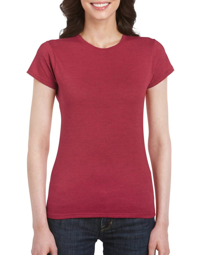 A fitted ladies' T-shirt in a rich burgundy colour, featuring short sleeves and a round neckline.