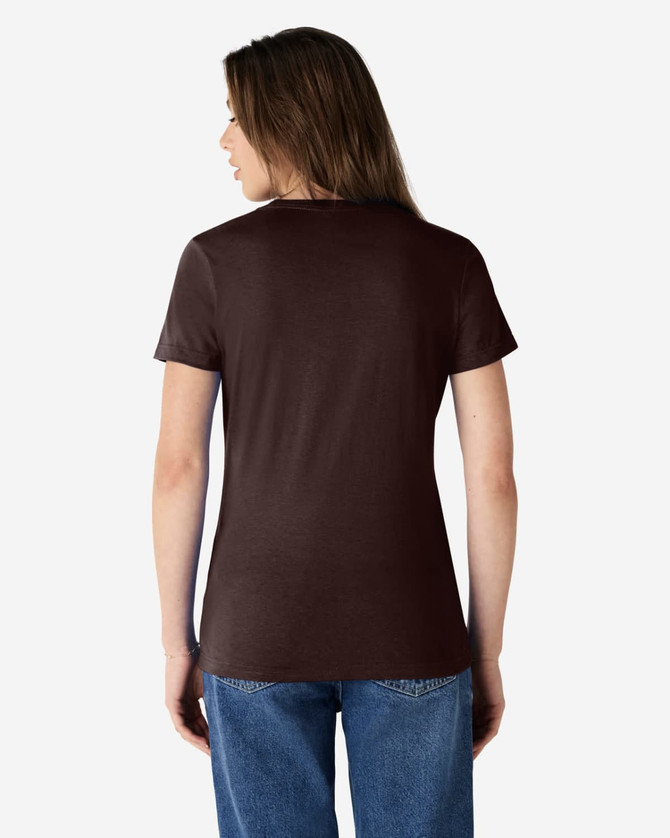 A ladies' t-shirt in brown, featuring a fitted design and short sleeves, with a logo on the back.