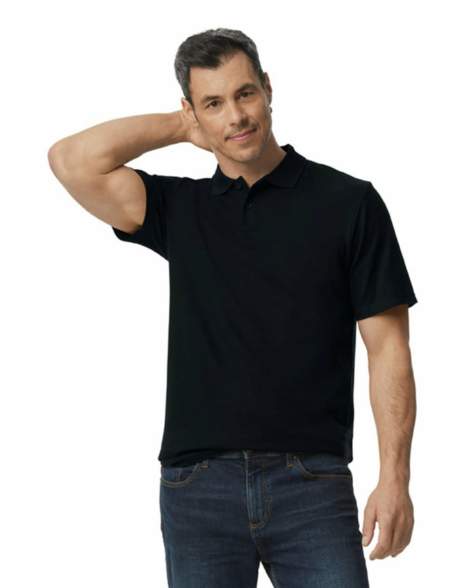 A black polo shirt with a collar, displayed on a male model standing casually with one hand on his neck.