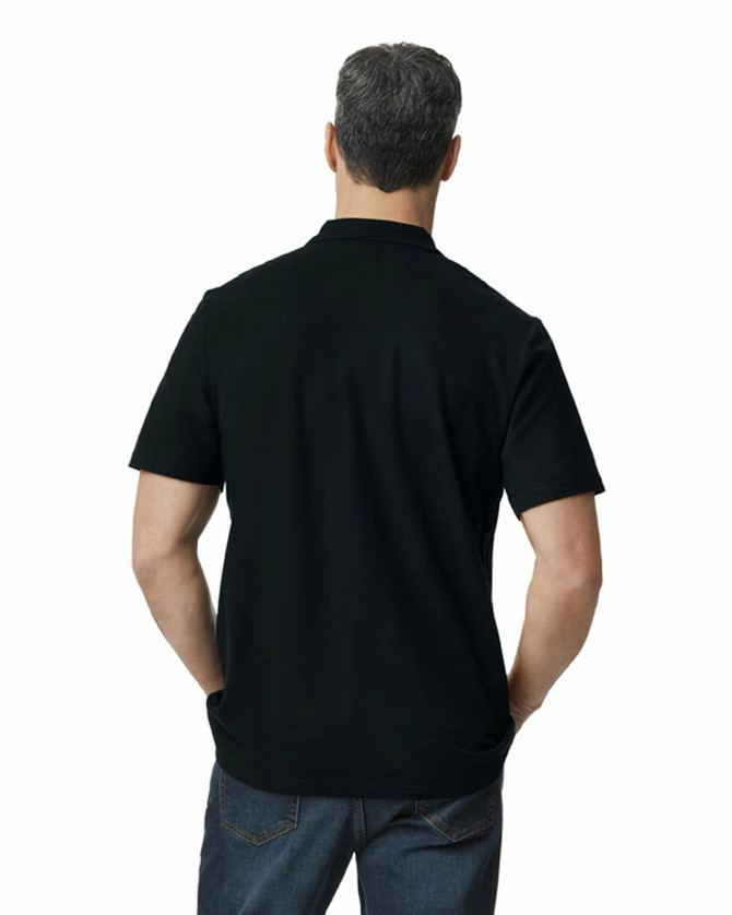 A black polo shirt with a double pique texture, featuring a logo on the chest.