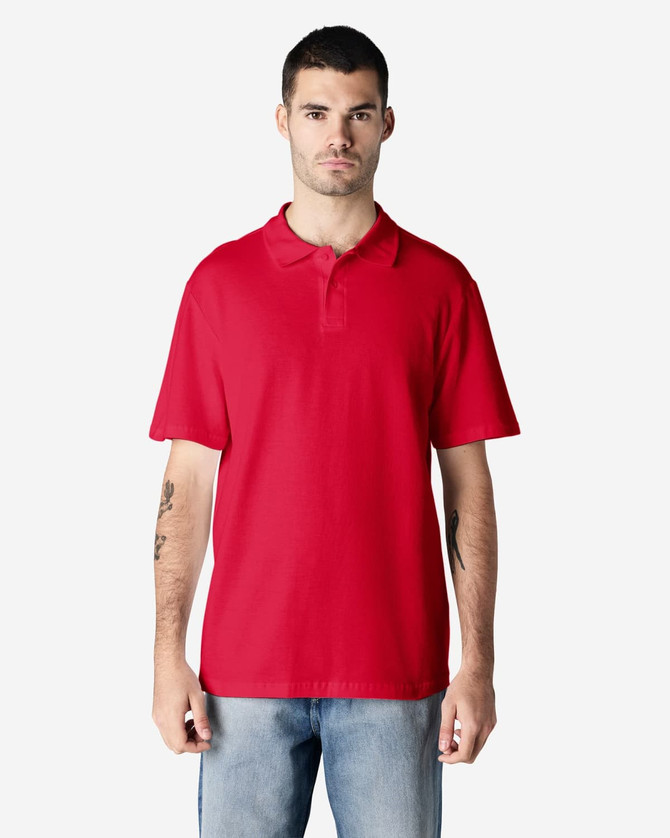 A red adult double pique polo featuring a collar and short sleeves; includes a logo on the chest.