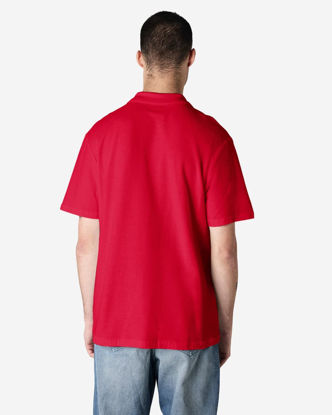A red adult polo shirt with a collar and short sleeves, featuring a plain design and a logo on the back.