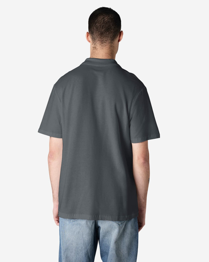 A grey Gildan Softstyle Adult Double Pique Polo displayed from the back. Features a logo on the collar area.