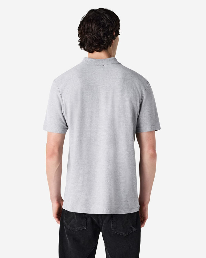 A grey Gildan Softstyle adult double pique polo shirt, viewed from the back, featuring a logo on the collar.