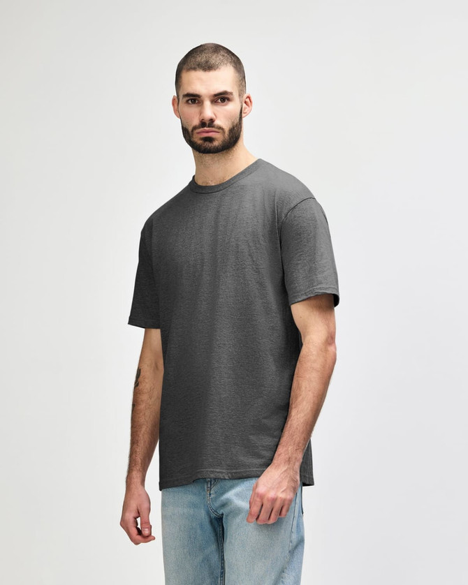 A midweight adult t-shirt in dark grey, featuring short sleeves and a relaxed fit. It has a logo on the front.
