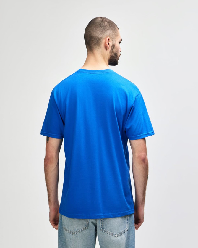 A back view of a midweight t-shirt in blue with yellow sides, featuring a logo.
