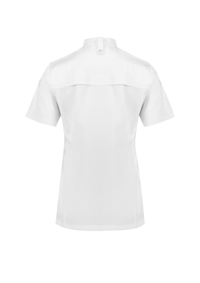 A white short sleeve jacket features a stand collar and a button closure, designed for women in chefwear.