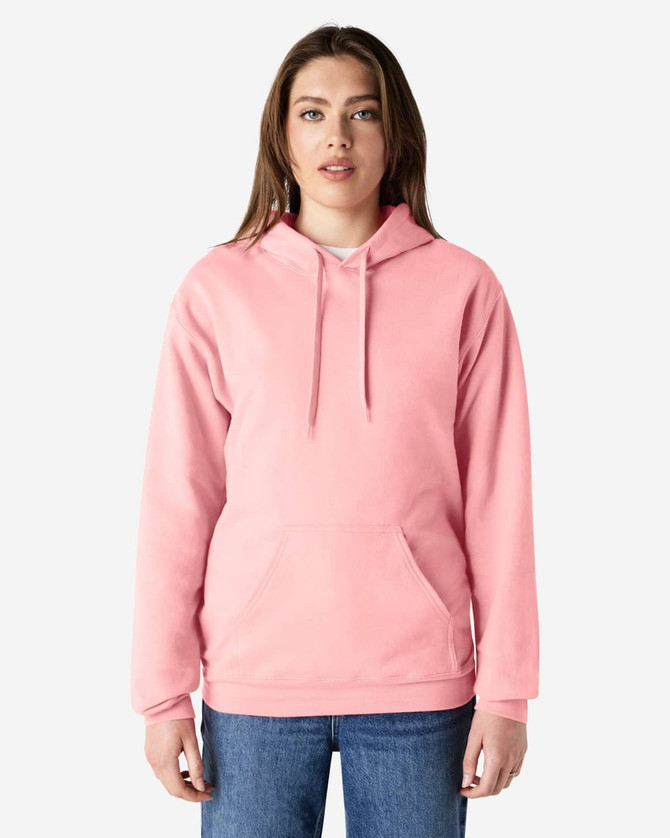 A pink hooded sweatshirt features a front pocket and a drawstring hood, modelled by a person.