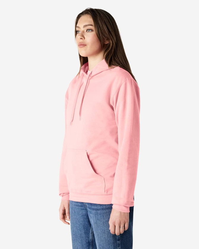 A pink adult hooded sweatshirt with a front pocket and a drawstring hood, displayed on a model.