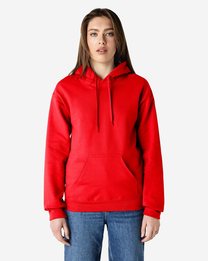 A red hooded sweatshirt with a front pocket and drawstring, featuring a logo on the chest.