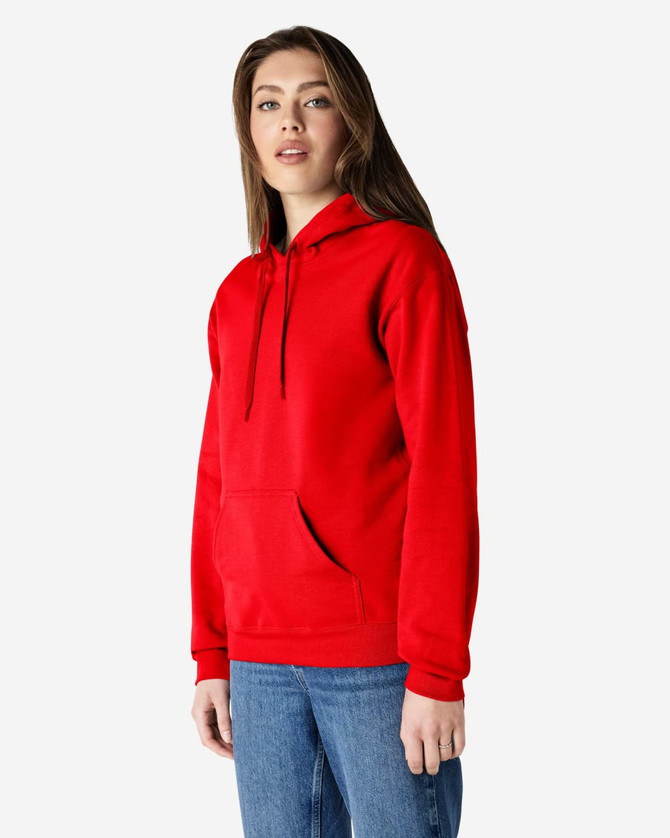 A red hooded sweatshirt displayed on a model, featuring a front pocket and a drawstring hood. It has a logo.