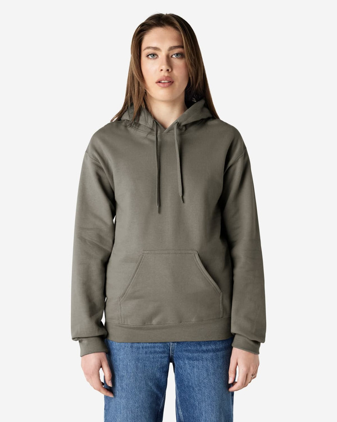 A hooded sweatshirt in khaki green, featuring a front pocket and a logo, worn by a model.