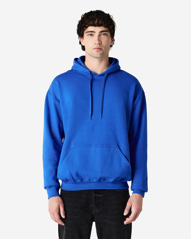 A blue Gildan Softstyle adult hooded sweatshirt on a model, featuring a front pouch pocket and drawstring hood.
