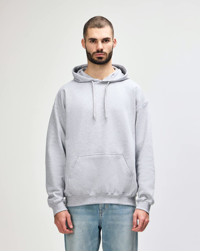 A grey Gildan Softstyle adult hooded sweatshirt with a front pocket and a drawstring hood. Features a logo.