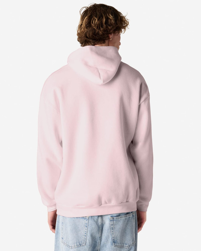 A pink unisex hooded sweatshirt featuring a spacious hood and a relaxed fit, with a visible logo on the back.
