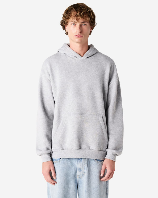 A grey unisex hooded sweatshirt featuring a front pocket and a logo on the chest.