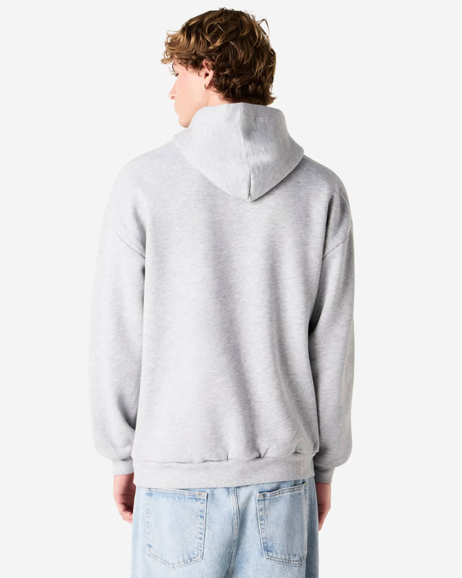 A unisex hooded sweatshirt in grey, featuring a hood and a relaxed fit with a branding logo.