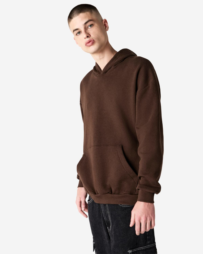 A unisex hooded sweatshirt in deep brown with a front pocket and a logo on the chest.