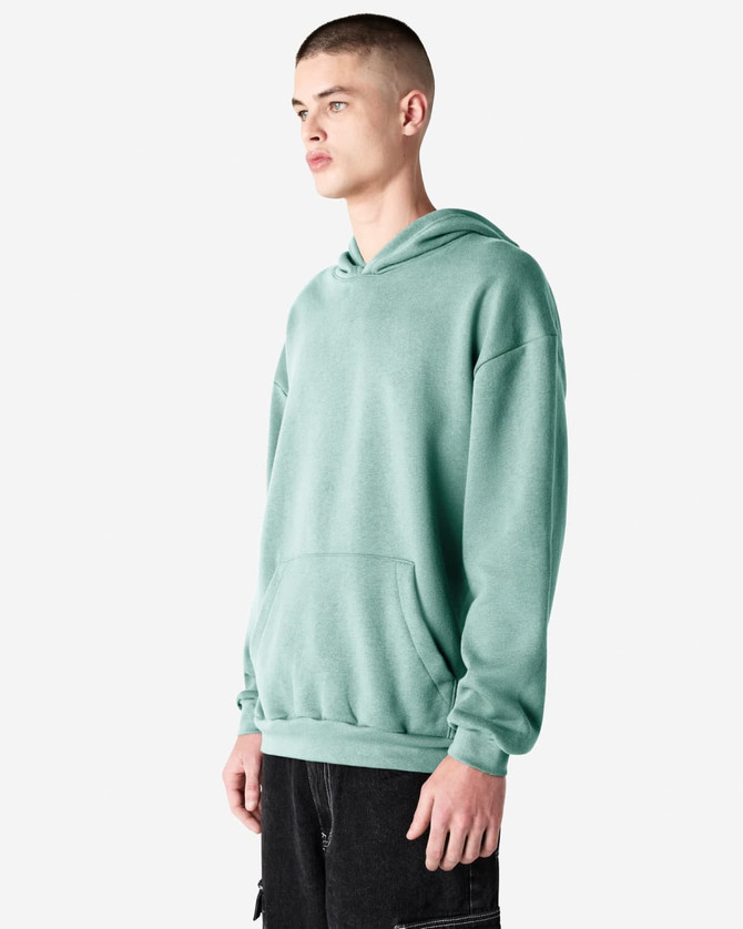 A unisex hooded sweatshirt in a soft green shade, featuring a front pouch pocket and a branded logo.