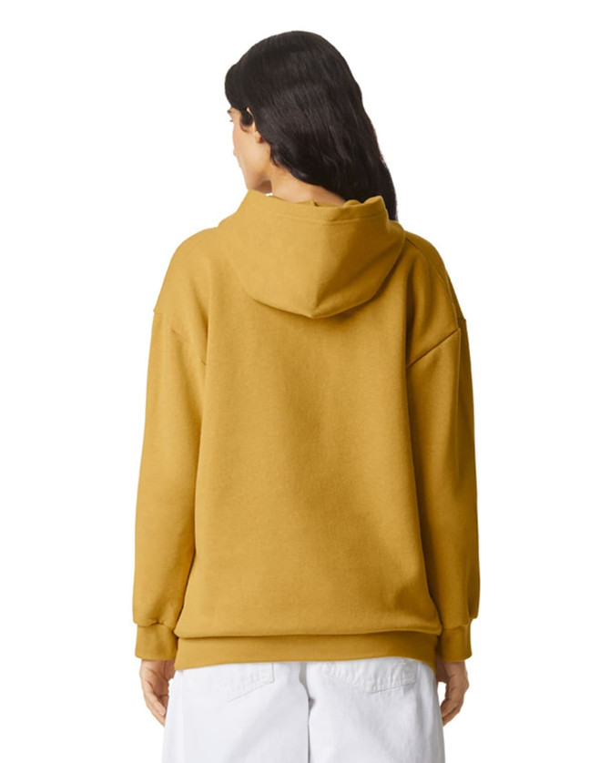 A unisex hooded sweatshirt in mustard yellow, featuring a spacious fit and a hood at the back. It has a branding logo.