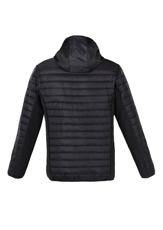 A unisex soft shell jacket in black with a hood and a quilted design. It features a logo branding.