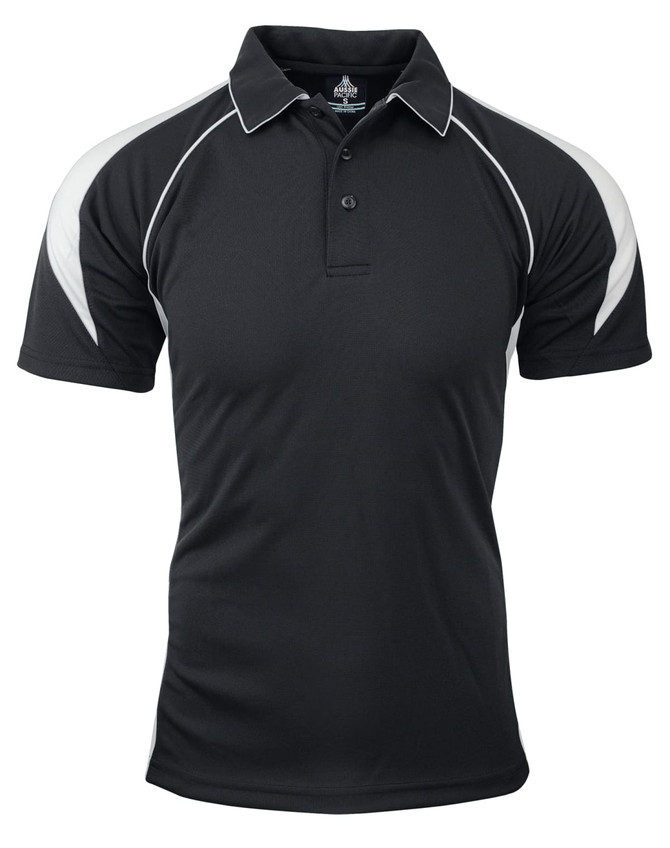 A black polo shirt with white accents and a logo on the chest, featuring a classic collar and short sleeves.